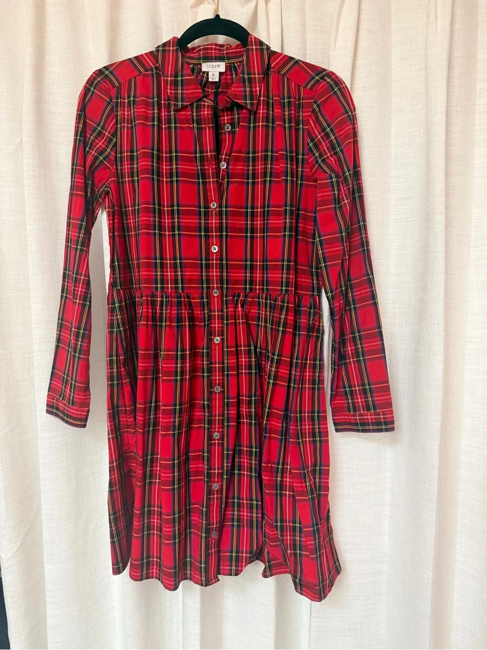 J. Crew Red Tartan Plaid Long sleeve button front shirt Dress women’s size 6